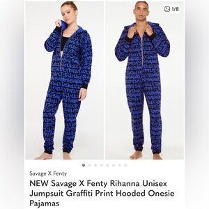 “SEND UR BEST OFFER?” Savage X Fenty Blue Graffiti Print Hooded Onesie Pajamas 💙
